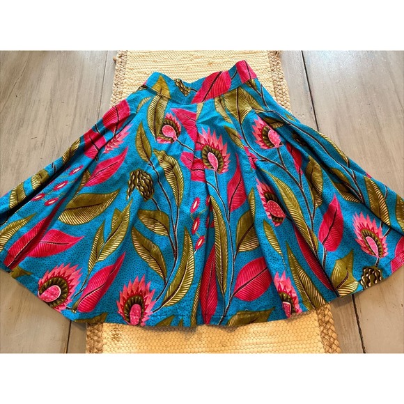 Francis + Benedict Blue Pink Leaves Pleated Skirt African Sz XS Side Zip Pocket - Picture 1 of 10